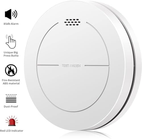 Alarmas de Humo con Batería de 10 Años, Silencio y Altísima Potencia Sonora, 85dB, Detector de Humo Fotoeléctrico Adhere
