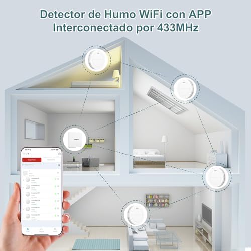 Detector de Humo Interconectado WiFi con Batería de 10 Años para Hogar, Juego de 3 Detectores con Estación Base TUV Rhei
