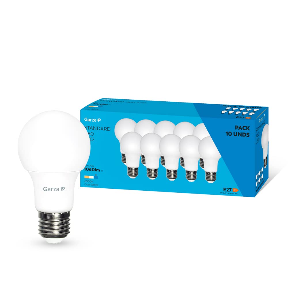Garza Pack de 10 Bombillas LED Estándar A60 11W Luz Fría 6500K Casquillo E27 Ángulo 240º 1060 lm