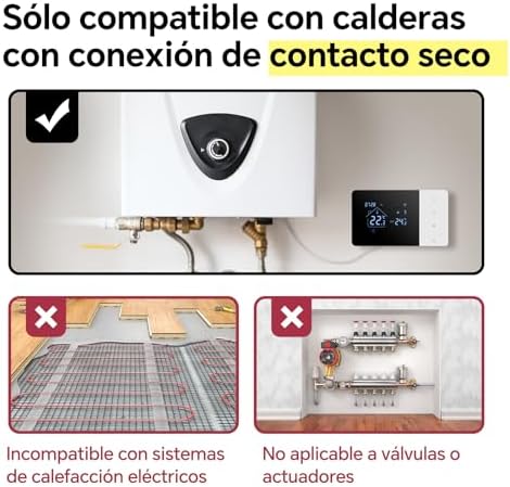  Termostato de batería WiFi 2 hilos Tuya compatible con Google y Alexa
| Termostato programable Tuya W506 para control d