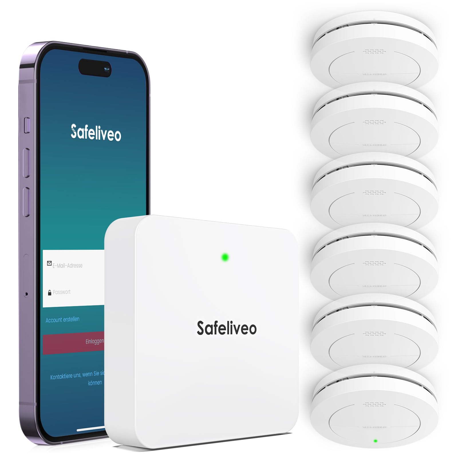 Detector de Humo interconectado WiFi TUV Rheinland Juego de 6 con Base Funciones de Alarma Smartphone Compatible Juego d
