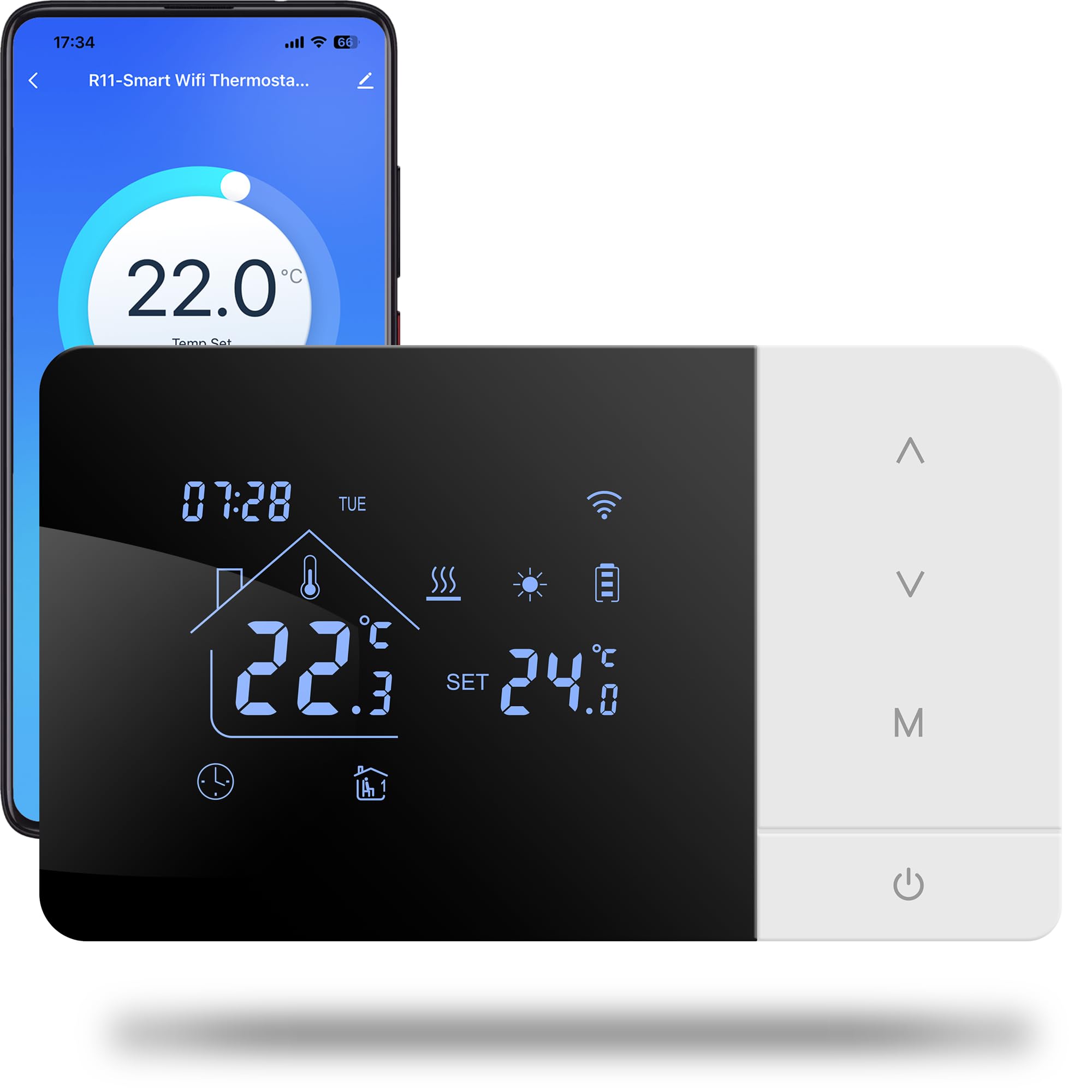  Termostato de batería WiFi 2 hilos Tuya compatible con Google y Alexa
| Termostato programable Tuya W506 para control d