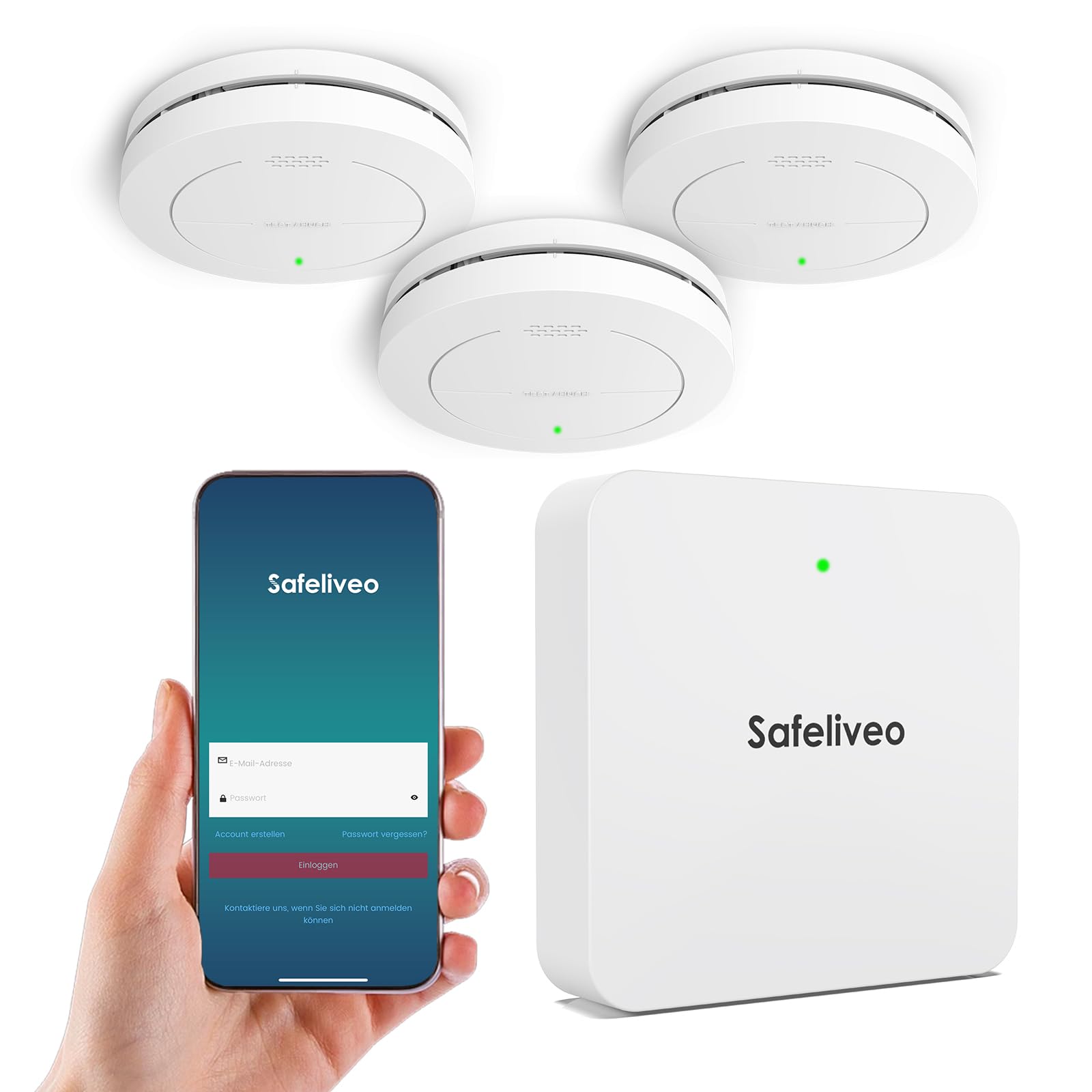 Detector de Humo Interconectado WiFi con Batería de 10 Años para Hogar, Juego de 3 Detectores con Estación Base TUV Rhei