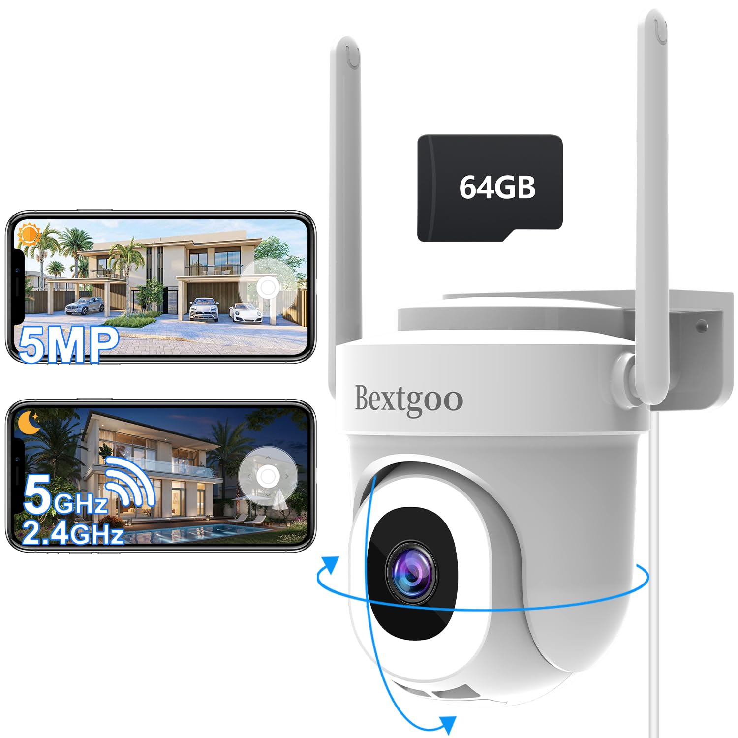 "Bextgoo Camara Vigilancia Exterior WiFi 5MP 360° PTZ Detección Movimiento Visión Nocturna Color Tarjeta SD 64GB"  
"Bex