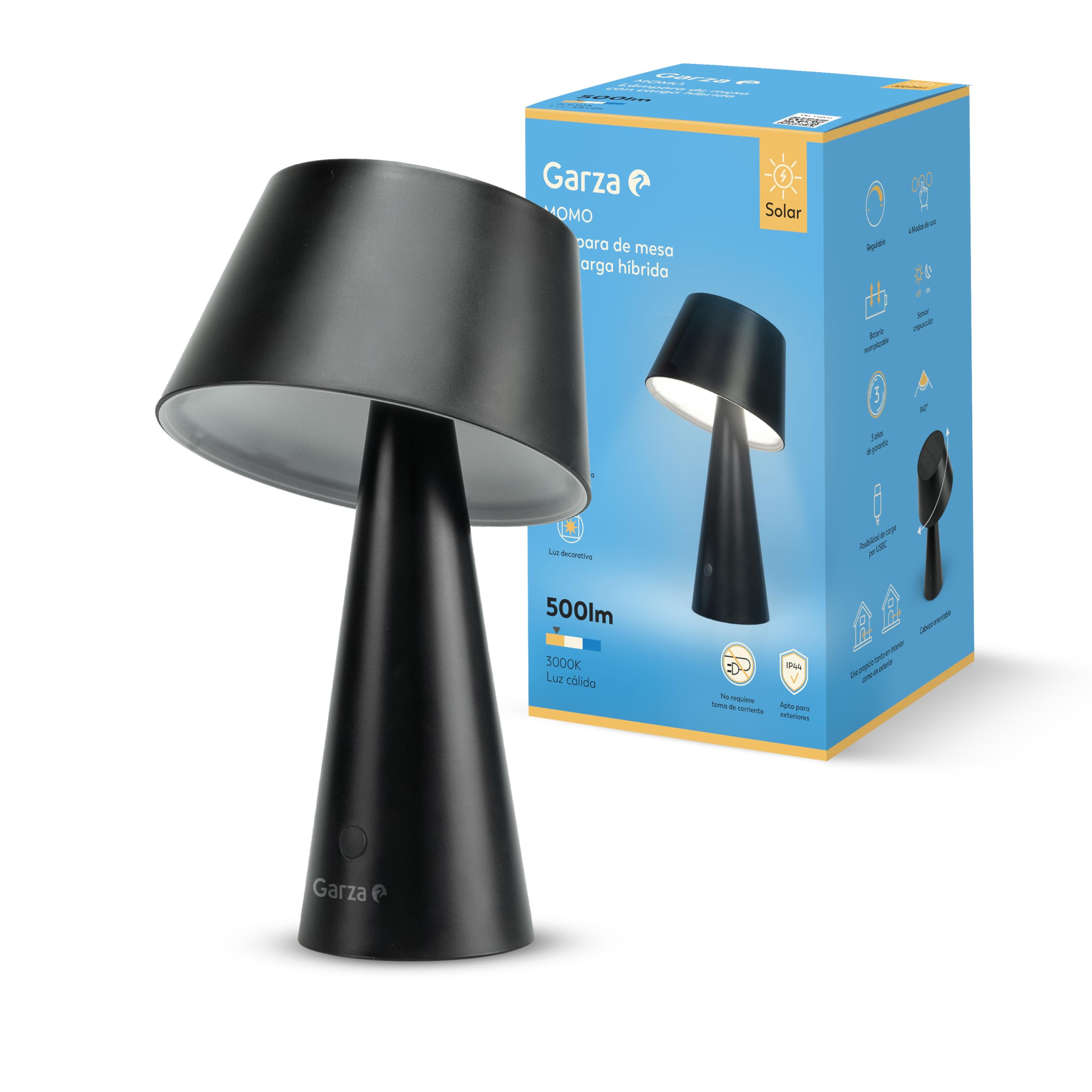  Garza - Solar LED Exterior Lamp 500lm para Interior y Exterior
| Garza - Lámpara Solar Regulable de 3000K con Carga USB